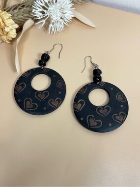 Dark Brown Wooden Hoop Dangle Earrings Heart Print Boho Statement Jewelry